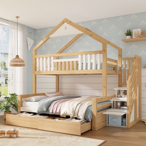 DESMIU Lit superposé 3 places avec escalier, 2 tiroirs et barrières, 90 × 200 et 140 × 200 cm, sans matelas (1/5)