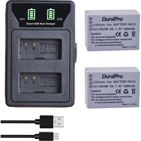 Lot de 2 batteries NB-10L NB10L NB 10L + chargeur double USB fin pour appareils photo G1X G15 G16 SX40HS SX50HS SX60HS SX40 SX50 SX60 HS (1/5)