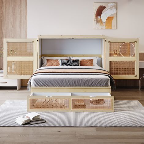 Lit escamotable 140x200 cm avec sommier à lattes, lit mural vertical avec tiroirs de rangement, design rotin, lit en bois pour adolescent, finition bois