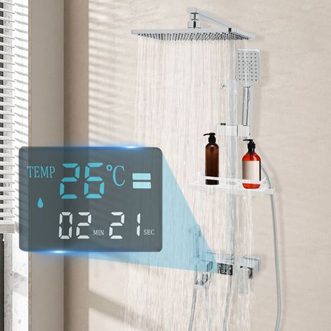 【Chauffage et ventilation】Système de douche à effet pluie,  29 x 19 cm Pommeau de douche, avec affichage numérique - barre de douche réglable, Quatre modes de jet - tuyau flexible de 1,5 m - argenté (1/5)