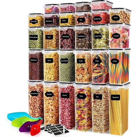 Lot de 28 Boîtes Hermétiques Aliments avec Étiquettes pour Organisation Garde-Manger Céréales Pâtes Farine Sucre (1/4)