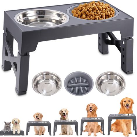 Gamelle surélevée pour chien avec bols inox, 4 hauteurs, gris (1/5)