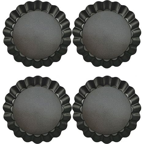 Lot de 4 moules à tartelettes aux œufs dimensions 9,8 x 9,8 x 1,8 cm en acier au carbone antiadhésif avec bords ondulés pour tartelettes et mini gâteaux couleur noire (1/5)