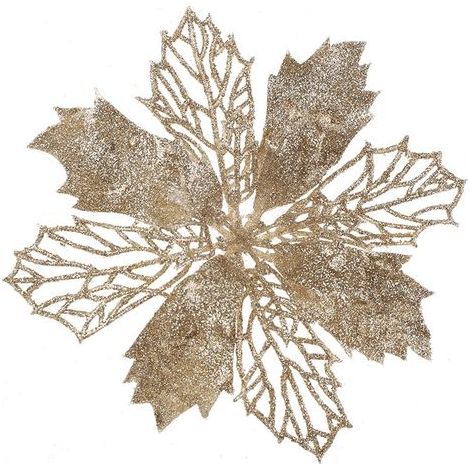 Champagne d'or Lotto di 12 fiori di poinsettia artificiali con paillettes per albero di Natale, diametro 16 cm (1/4)