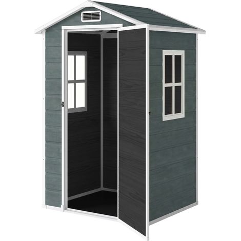 Abri de jardin outils 1,1 m² gris aspect bois fenêtre toit pignon ventilation sol verrouillage gants