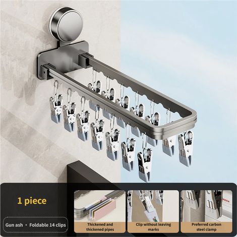 Porte-serviettes à ventouses, étendoir mural pour balcon/salle de bain, pinces à linge, étendoir à vêtements pliable à pinces multiples (1/5)