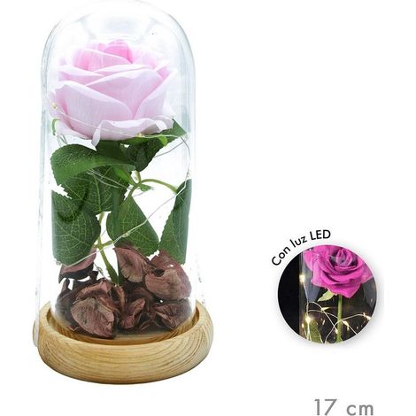 Rose éternelle artificielle LED dôme en cristal 17 cm couleur rose