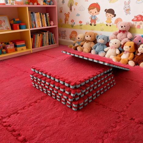12 pièces de tapis en mousse, carreaux de moquette en peluche, tapis à mémoire de forme pour salon à encoches (Rouge) (1/5)