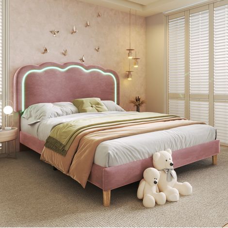 DESVIAE Lit double rembourré 140 x 200 cm avec tête de lit LED réglable velours rose sommier à lattes pour chambre et chambre d amis (1/5)