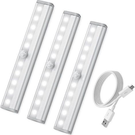 10-LED-Bewegungsmelderlampe [3er-Pack], USB-wiederaufladbare LED-Nachtleuchte für Zuhause, Küche und Büro (Weiß) (1/4)