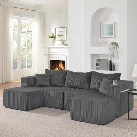 Canapé d’angle modulable avec 2 poufs mobiles 230 x 138 x 75 cm Canapé 3 places en L avec porte-gobelets et poches latérales Velours côtelé Gris (1/5)