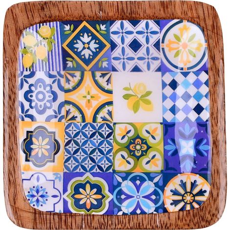 Bandeja cuadrada de madera azulejo hidráulico azul 13 cm (1/5)
