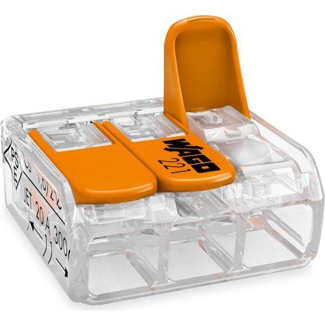 221-413 Borne de connexion 3 fils 0,2 à 4 mm² avec levier de commande, transparent modèle compact, Boite de 50 (1/5)