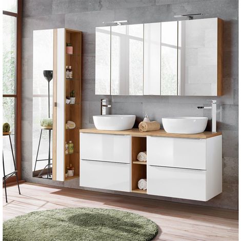 Badmöbelset mit 2 Keramik-Aufsatzwaschbecken und 2 Spiegelschränken TOSKANA-56 Hochglanz weiß & Wotaneich, BxHxT ca. 205/190/46cm (1/5)