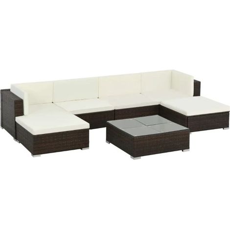 Salon de jardin 7 pièces résine tressée marron et coussins blanc Blanca (1/5)