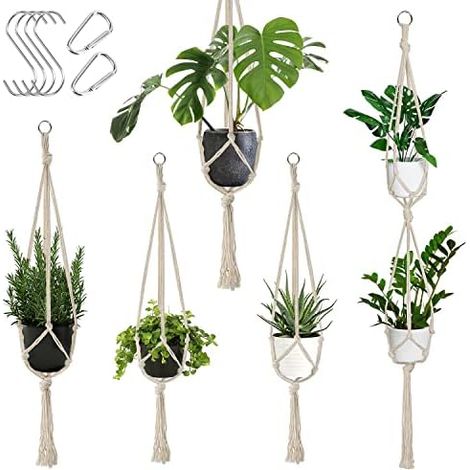 Auckpure Makramee-Hängekorb, Set mit 5 Hängekörben, Baumwollseil-Hängekorb, Beige, Hängetopf für Pflanzen, Hängekorb für drinnen, draußen, Garten, Balkon, Fenster, Wohnzimmer, 3 Größen