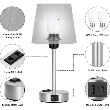 Lampe de chevet tactile avec ports USB-A+C et prise secteur, 1 lampe, 3 niveaux de gradation, gris, base argent givré, idéale pour chambre, salon, chambre d'enfant, bureau [Classe énergétique F]