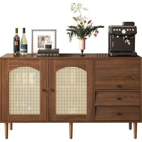 Sideboard im Landhausstil mit Rattantüren – 130 x 75,5 x 40 cm – Magnetverschluss, verstellbare Einlegeböden, stabile Struktur – Elegantes und Vielseitiges Design [OLD SKU:WF298018019NAA]