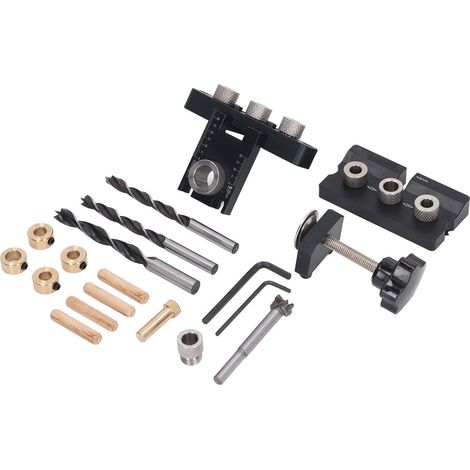 Kit de perçage pour tourillons en alliage d'aluminium avec guide de perçage réglable en profondeur, (1/5)