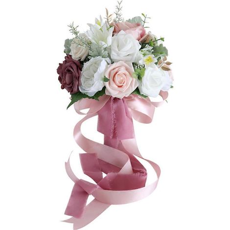 Bouquet de mariée en soie roses artificielles blanches et roses pour mariage et demoiselles d'honneur (1/4)