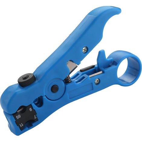 Dénudeur/coupe-câble coaxial (adapté aux câbles coaxiaux ronds ou plats), inclut une pochette de rangement, bleu, lot de 1 (1/4)
