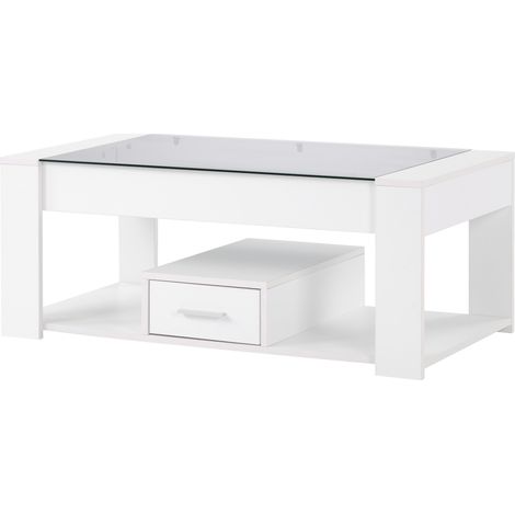 Table basse blanche avec plateau en verre trempé, rangements et tiroir, table basse rectangulaire 100 x 50 x 40 cm (1/5)