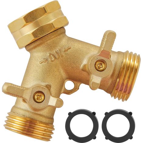 Distributeur de tuyau d'arrosage 2 voies robuste, distributeur de robinet extérieur 2 voies, distributeur de tuyau en Y en laiton massif avec vanne d'arrêt (1/5)