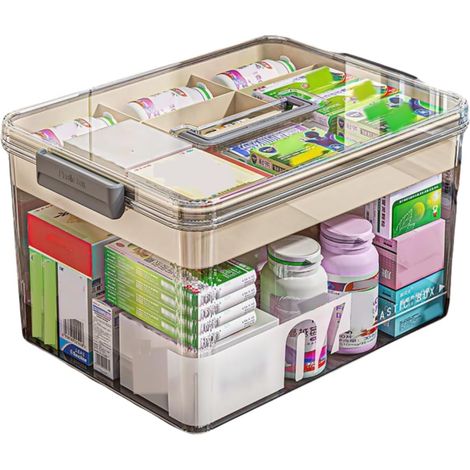 Boite pharmacie,Boite Rangement Medicament 2 Couches, boite de rangement medicament,Boîte à médicaments multifonctionnelle et trousse de premiers secours pour un rangement sûr (1/5)
