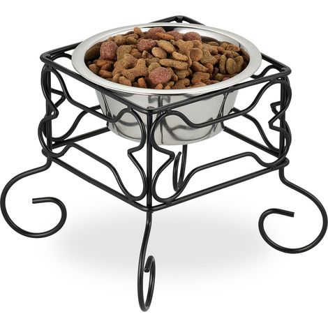 Relaxdays Dog Bowl, Elevated Feeding Stand, 700 ml Volume, Iron & Stainless Steel, HWD: 19 x 22 x 22 cm, Black/Silver