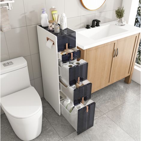 Meuble colonne de salle de bains étroit en plastique blanc, 3 grands tiroirs et 1 petit, 2 couvercles rabattables, roulettes et pieds antidérapants, 42,5 x 27,5 x 99 cm – CHICFURN (1/5)