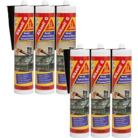 Lot de 6 mastics élastique silicone - SIKA Sikasil G - Noir - 300ml