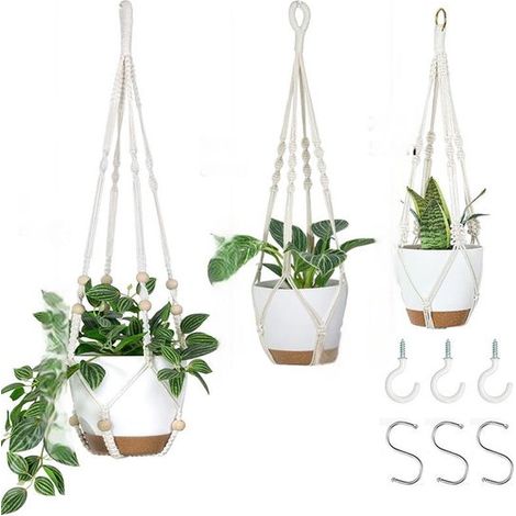 Cesto portapiante sospeso in corda di cotone intrecciata a mano - Set da 3 pezzi - Cesto portapiante sospeso per interni e decorazione da parete - Bianco sporco (1/5)