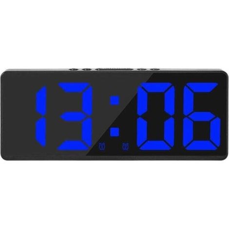 Grande horloge murale numérique intelligente avec fonctions heure/date/son et compte à rebours, luminosité et volume continus - Boîtier noir avec lumière bleue (1/4)