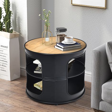 Table Basse Ronde avec Structure en Métal Inclus Etagères de Rangement à 3 Niveaux Style Industriel Maison Chic (1/4)