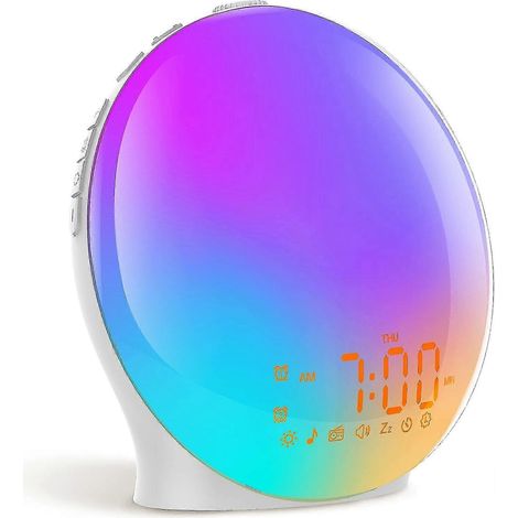 Sveglia con simulazione dell'alba, luce di risveglio a schermo intero con simulazione dell'alba, doppia sveglia, radio FM, 8 suoni naturali e funzione snooze, 3 modalità di illuminazione, orologio dig