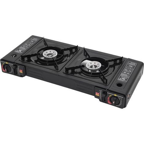 HAUTOUR Réchaud à gaz 2 brûleurs, réchaud de camping avec plaque de cuisson et mallette de transport et grilles amovibles, 2500 W, cuisinière à gaz portable avec allumage piézoélectrique (1/5)