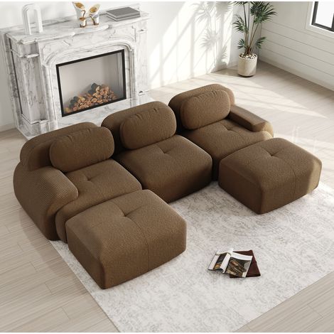 Canapé d'angle en U modulable 3 places – Velours côtelé Marron –Accoudoirs ergonomiques – 32D Hautement élastique – Repose-pieds amovibles (1/5)
