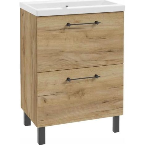 Badezimmerschrank mit Waschbecken und 2 Schubladen 60x80cm Standing Oak Craft Cassandra