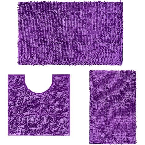 Lot de 3 Tapis de bain antidérapants en chenille microfibre absorbante pour douche baignoire Violet foncé (1/5)