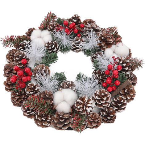 Couronne de Noël artificielle de 35 cm (13,7 pouces) décorée de pommes de pin et de coton, pour décorations de Noël intérieures et extérieures. (1/5)