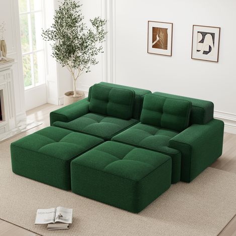 Sofá modular en U 74 cm verde de pana con otomana, asiento profundo y sin montaje (1/5)