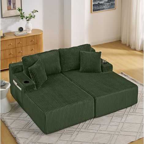 MODFU – Sofá cama tipo banco de 2 plazas de tejido acanalado con portavasos, bolsillo lateral, cojines extraíbles, sin estructura y antideslizante – Verde (1/5)