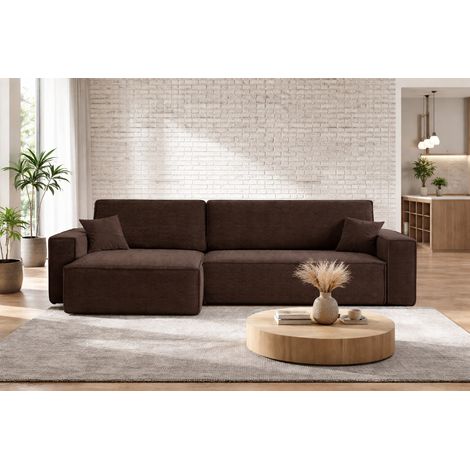Canapé d’angle convertible réversible CARLOS XL – Velours côtelé brun chocolat, grand coffre, fonction couchage, montage universel