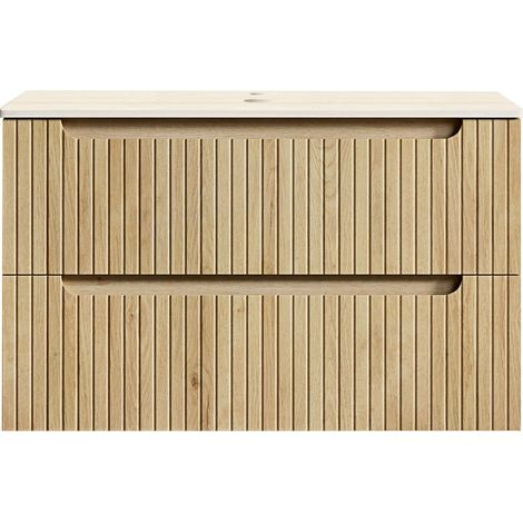 Meuble de salle de bain suspendu de 80 cm, plan de travail, caisson en contreplaqué à rayures avec 2 tiroirs, chêne clair (1/5)