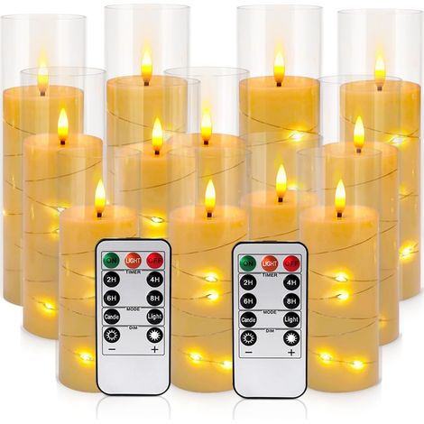 Lot 12 bougies LED sans flamme en double paroi acrylique, 2 télécommandes avec minuterie 2/4/6/8h, décoration pour Noël mariage salon cheminée (1/5)