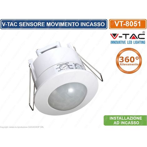 Sensore di movimento V-TAC infrarossi crepuscolare con funzione Manual override montaggio incasso a soffitto 360° Bianco IP20 VT-8051 - SKU 1356 (1/10)