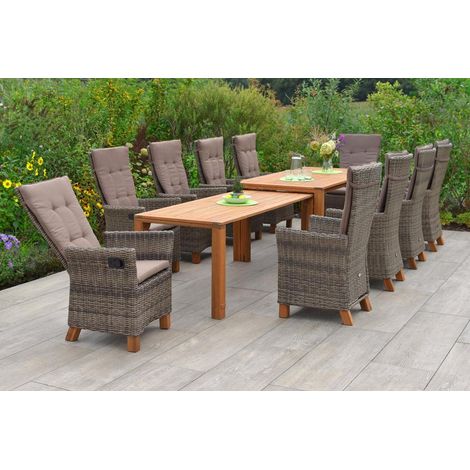 Toskana Set 11tlg 8 Sessel Auflagen Tisch 185/370x90/73cm