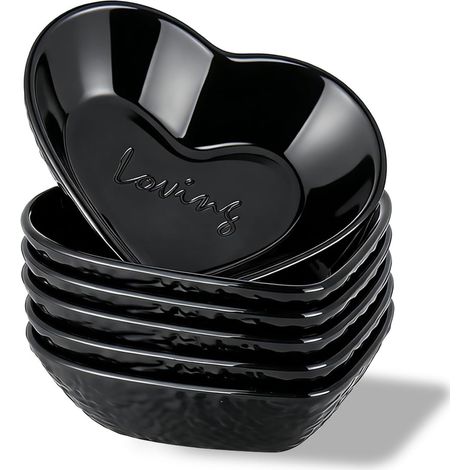 3 fl oz Dip Plates, Set of 6 Black Heart-Shaped Heavy Duty Plastic Bowls for Soy Sauce, Condiments, Sushi, Ketchup, Side Dishes and BBQ Parties. (1/5)