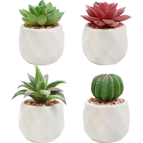 Ensemble De Plantes Succulentes Artificielles - Pots En Céramique Géométrique Blancs - Décoration Intérieure Moderne - Lot De 4 (1/5)