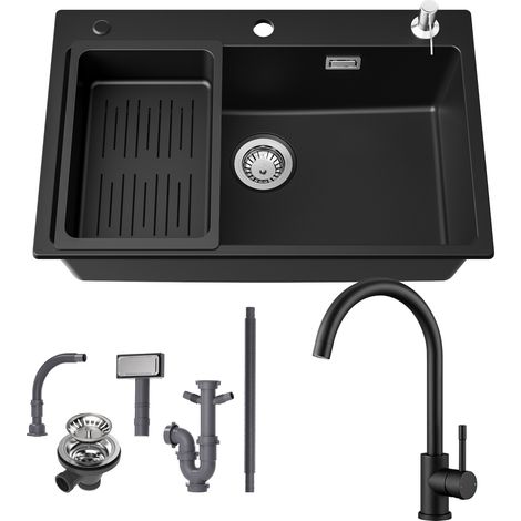 Lavello in granito 70×45 cm + miscelatore cucina, lavello da appoggio con cestello scolapiatti e dispenser di sapone (1/5)